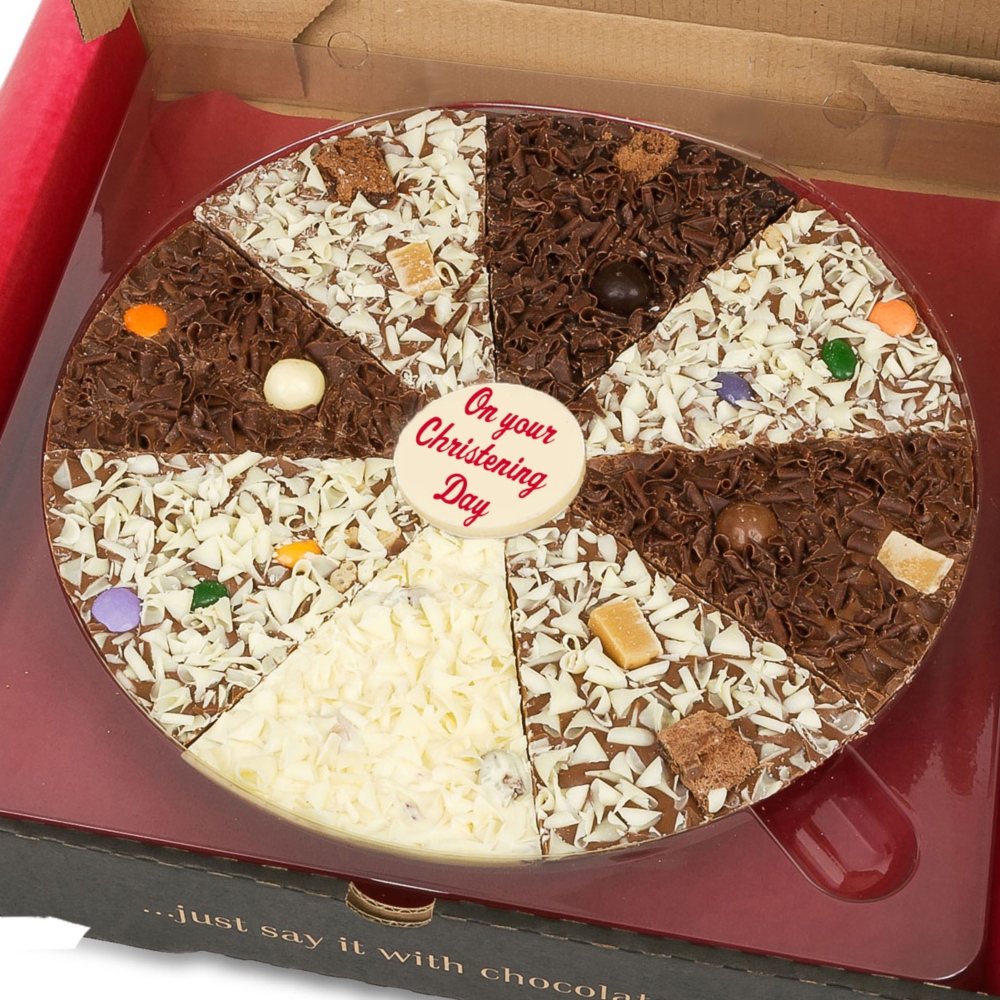 Great for Christenings - personalise our chocolate pizzas with your own message